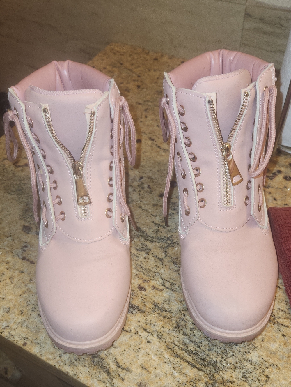 Women's Pink Lace-Up Ankle Boots with Front Zipper